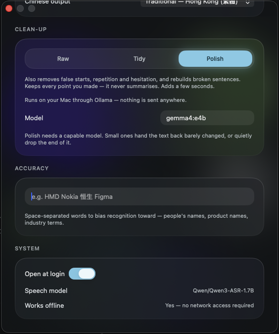 Settings showing Raw, Tidy and Polish clean-up levels