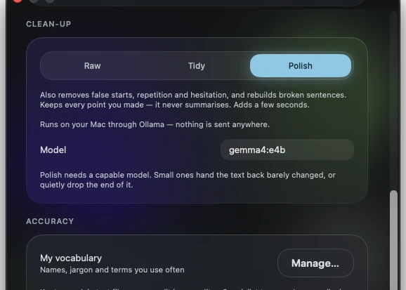 Cantalkie Settings showing the Raw, Tidy and Polish clean-up levels with Polish selected
