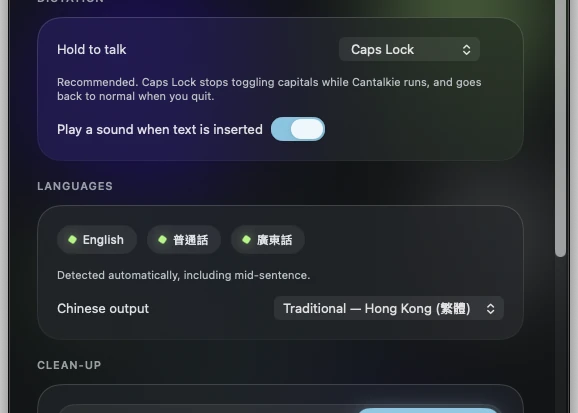 Cantalkie Settings showing English, 普通話 and 廣東話 detected automatically, with Chinese output set to Traditional — Hong Kong (繁體)